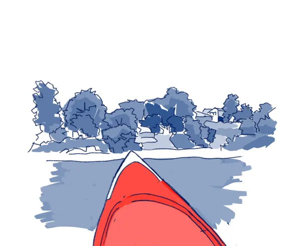 Graphic of boat in the water looking at trees.
