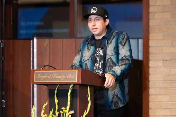 Novelist, storyteller and member of the Cheyenne and Arapaho Tribes of Oklahoma Tommy Orange spoke at the Stanford Faculty Club on the pretenders in American history. (Photo: CAYDEN GU/The Stanford Daily)