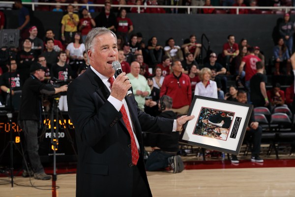 Mike Montgomery recieves recognition during a game against Oregon in 2017. (Photo: BOB DREBIN/ISI Photos)