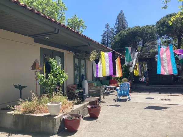 Flags hanging outside of Terra house